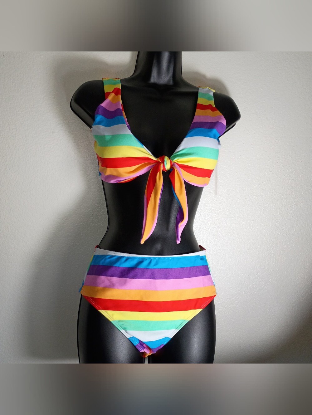 Bright Rainbow Striped Tie-Front High Waist Full  Bikini Bottom Set- Size Small